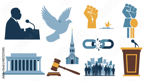 Symbols of civil rights and activism with blue and yellow colors