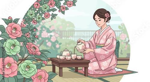 Woman in pink kimono drinking tea.
