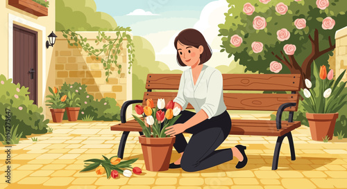 Woman kneeling beside wooden garden bench.