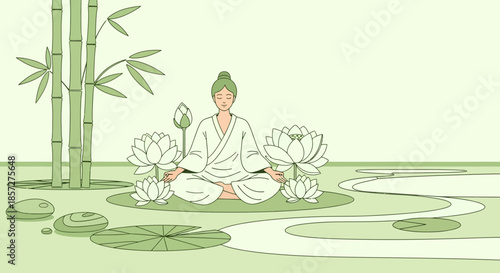 Woman meditates in serene natural setting 1.