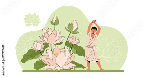 Woman in white dress standing beside flowers.