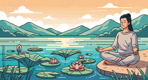 Woman meditates in serene natural setting.