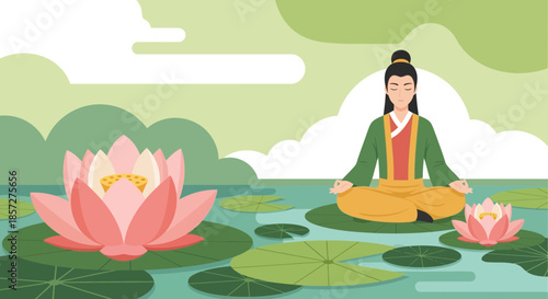 Woman meditates in serene natural setting 2.