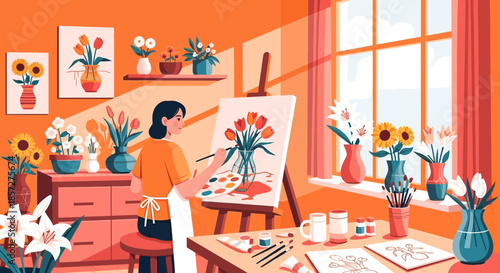 Woman painting flowers on canvas.