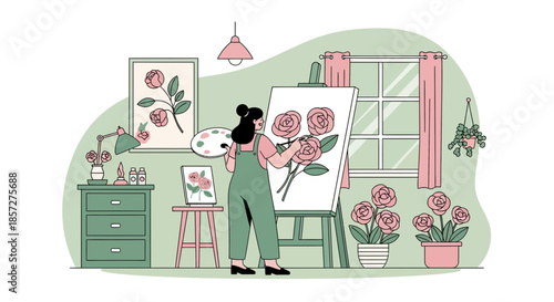 Woman painting flowers on canvas board.