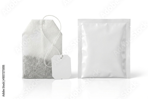 Blank white tea bag and sealed sachet packet mockup, ideal for branding, product display, and advertising on a clean, reflective white background