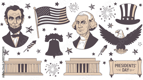 Presidents Day with Lincoln Washington eagle flag and symbols Abraham George