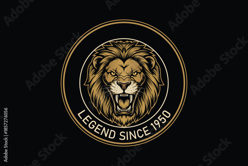 Vintage lion logo with legend text on black background