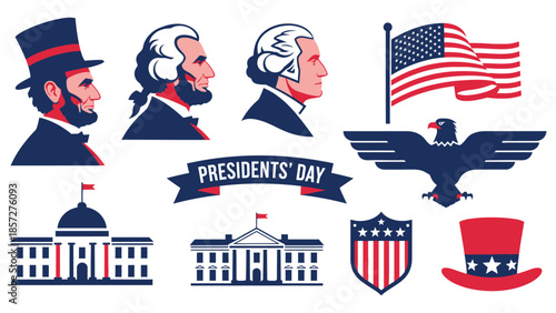 Presidents Day with portraits presidents eagle flag and white house
