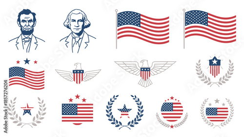 American patriotic symbols and historical figures in blue and red