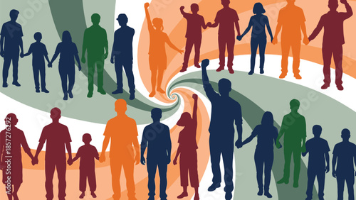 Colorful silhouettes of diverse people holding hands in a circular formation