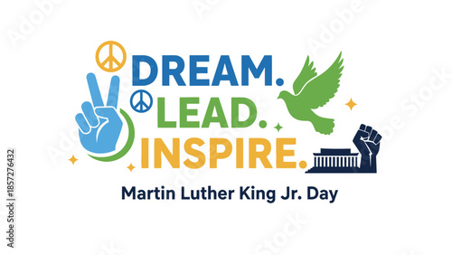 Colorful with peace symbols dove and fist for Martin Luther King Jr Day