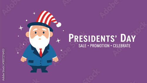 Cartoon grandfather wearing red and white hat on purple background with Presidents Day text