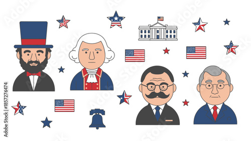 Cartoon portraits of historical figures with American symbols and landmarks