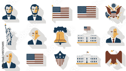Collection of American Symbols and Historical Figures in Blue and Yellow