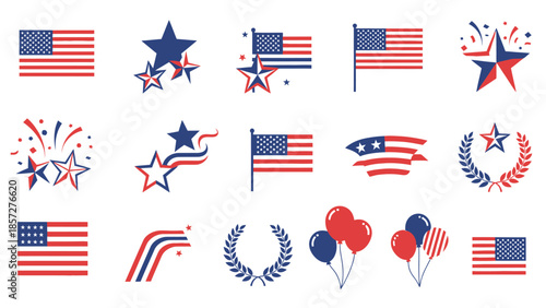 Collection of patriotic American flag and symbols with stars and stripes