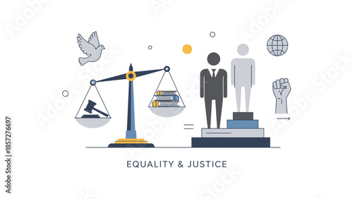 Equality and justice concept with scales books and people on steps