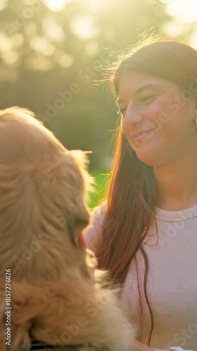 Young woman petting her happy golden retriever dog at sunset