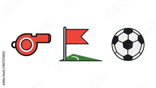 Football Match Essentials: Illustrated Whistle, Corner Flag, and Soccer Ball