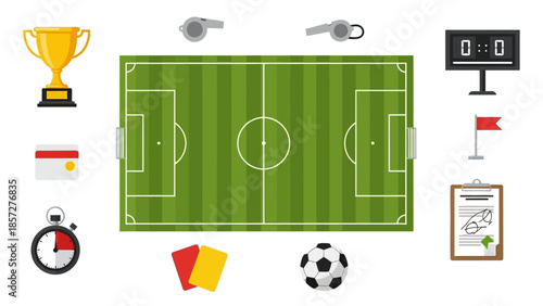 Essential football game elements: field, ball, cards, trophy, and time equipment