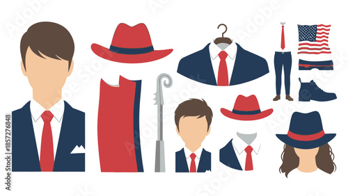 Of people wearing red and blue hats with suits and ties
