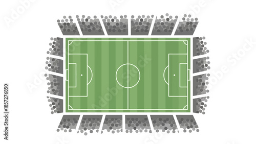Illustrated overhead view of a soccer stadium field with stands, ready for a match.
