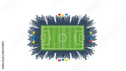 Overhead View of a Dynamic Soccer Stadium with Cheering Crowd Illustration