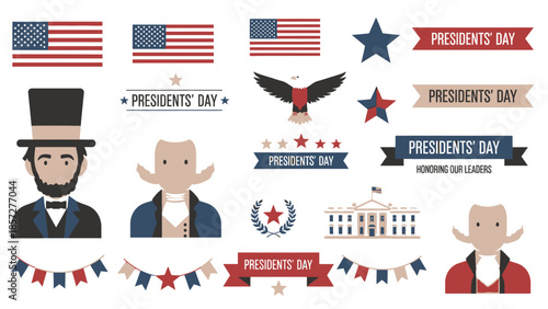 Presidents Day celebration with American flags and historical figures bald
