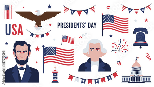 Presidents Day celebration with American flags and historical figures