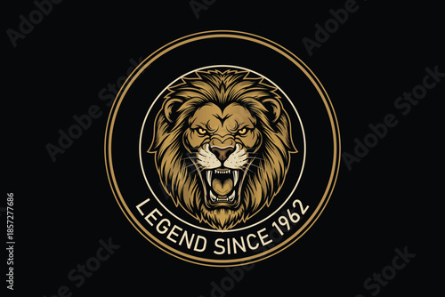 Legendary lion head logo with gold circle and text
