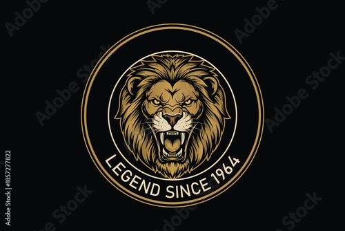 Golden lion head logo with Legend Since 1964 text on black background