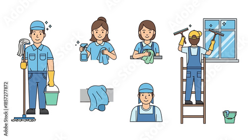 Cleaning Staff in Uniforms Performing Tasks.