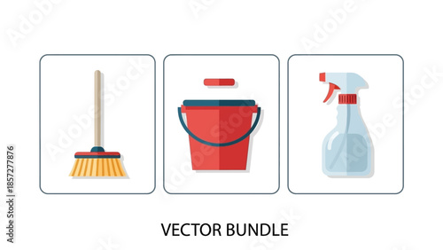 Cleaning Tools Broom Bucket Spray Bottle.