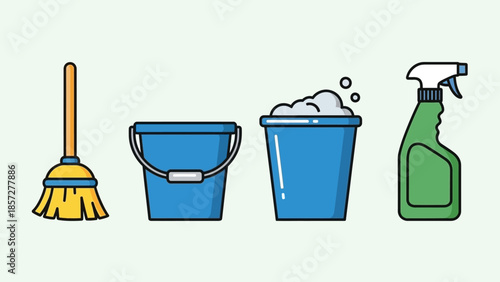 Cleaning Supplies Broom Bucket and Spray.