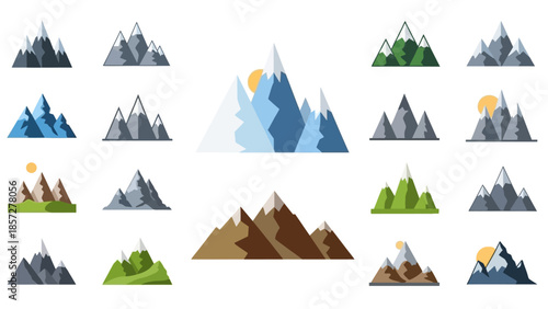 Collection of Mountain Icons in Various Styles.