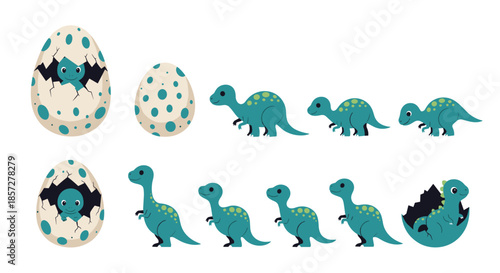 Charming sequence of small blue dinosaur characters showing growth from an egg to a baby and eventually a larger mature reptile.