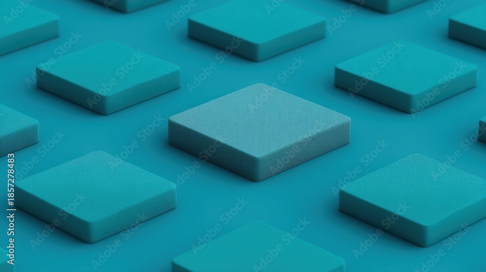 Fototapeta premium Close-up of a modern turquoise patterned surface featuring various geometric square shapes arranged in a neat grid on a vibrant background