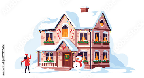 Charming two story house decorated with festive Christmas lights and candy canes features a happy snowman and a woman enjoying winter.