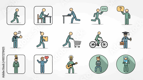 Man Icon Set Various Activities Illustration.