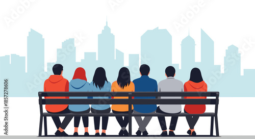 Group of diverse people sitting on a long bench seen from behind while gazing at a distant blue city skyline with tall skyscrapers.