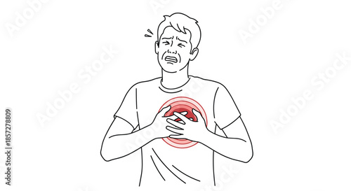 Distressed man clutching his chest with a red painful area indicated, symbolizing heart attack or severe chest pain in a simple line drawing.