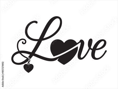 Love Heart Calligraphy Typography vector, Elegant cursive lettering spelling love with a heart silhouette vector illustration