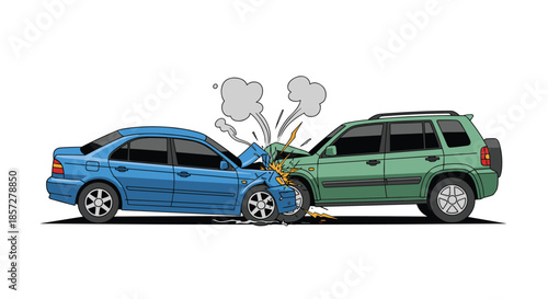 Graphic illustration of a blue sedan and a green SUV involved in a serious head-on car accident with smoke and debris flying everywhere.