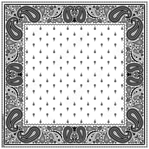 Bandana paisley square ethnic floral hand drawn pattern.Ornament classic vintage vector elements black on white background.Design for scarf,headscarf,kerchief,hijab,tablecloth,print fabric,decoration.
