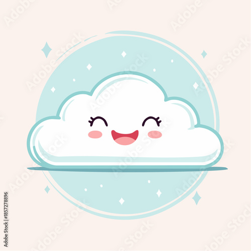 Cute cartoon cloud with a happy face, surrounded by a light blue circle and sparkling stars.