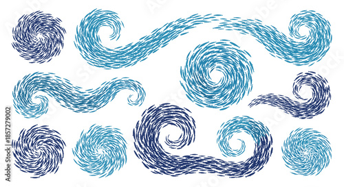 Collection of abstract blue wave and swirl patterns created with dynamic brush strokes on a white background for creative design projects.