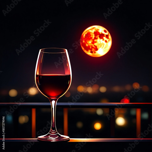 A glass of red wine on a balcony overlooking the city under a mystical glowing moon