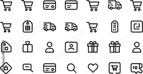 E-commerce Icons: Shopping Cart, Delivery Truck, Credit Card, Gift, User, Search