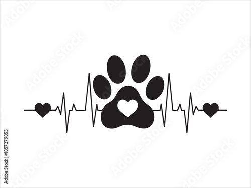 Pet lover heartbeat with paw print and hearts, Pet love heartbeat and paw print illustration vector. Cat and Dog paw love