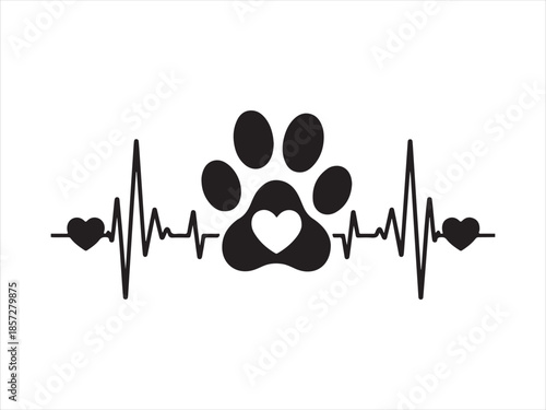 Pet lover heartbeat with paw print and hearts, Pet love heartbeat and paw print illustration vector. Cat and Dog paw love